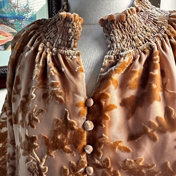 Cut Velvet Amber Colored Peasant Style Smock Top Blouse - S - Picture 9 of 10